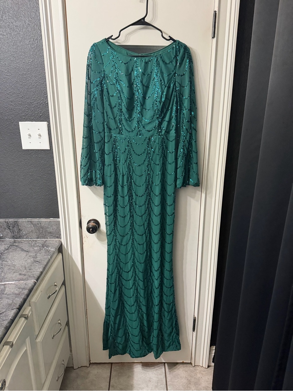 Emerald Green Beaded Long Sleeve Evening Gown